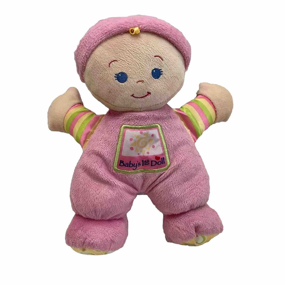 Fisher Price Baby’s First Doll Rattle Stuffed Baby Doll Pink Blue Eyes
